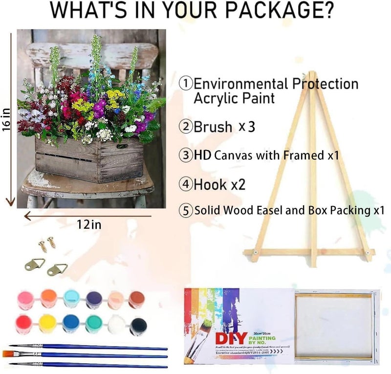 MIRCVSH Flowers Paint by Numbers for Adults with Framed Canvas-with Wooden Easel,Paint by Number on Canvas,DIY Acrylic Oil Painting Kits with Brushes Nice Gift Box for Home Wall Decor(12x16 Inch) - Image 2